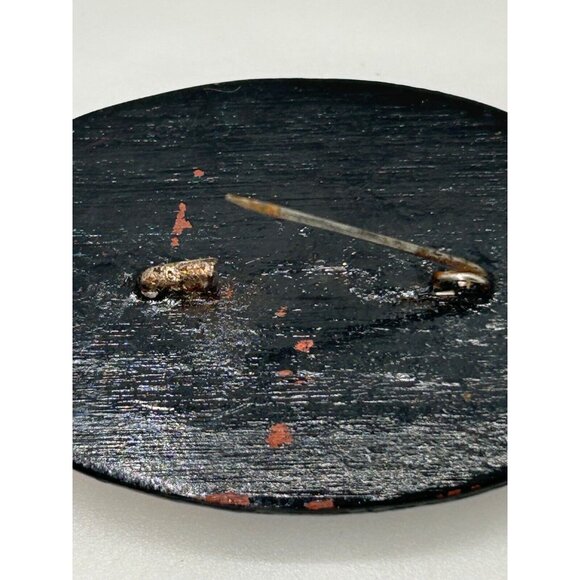 Hand-Painted Vintage Oval Floral Brooch Red Yellow Flower Design Black Lacquered - Picture 7 of 11